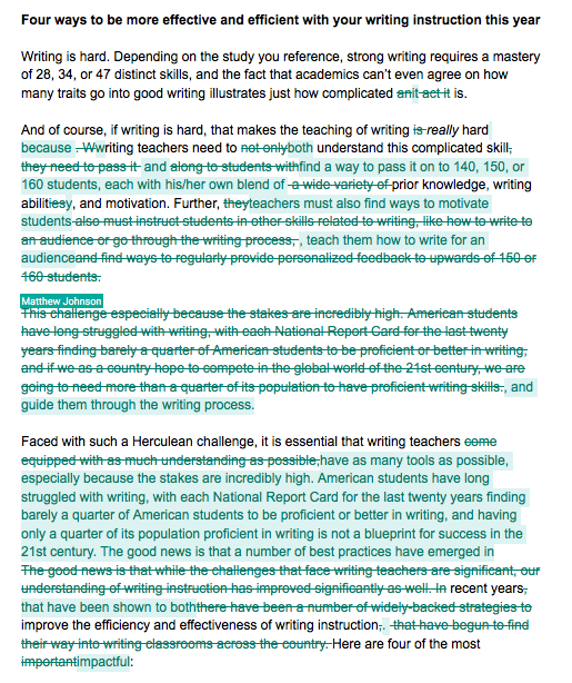 An excerpt from a document discussing effective writing instruction, highlighting how many edits and changes the author made while drafting it.