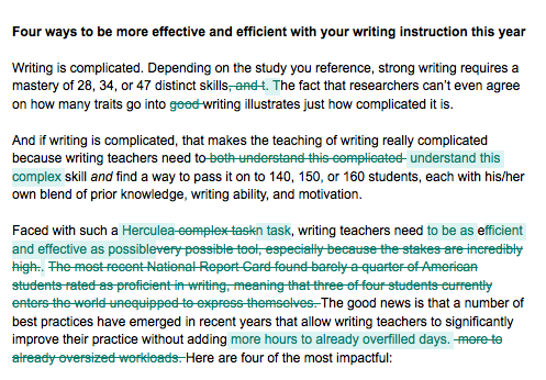 A screenshot of a document featuring an article titled 'Four ways to be more effective and efficient with your writing instruction this year.' It shows that on the seventh edit there was still a lot of major changes happening.
