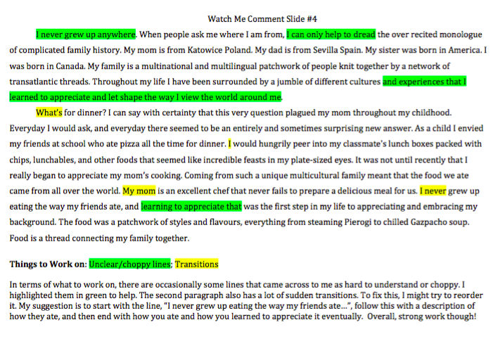 A screenshot of a peer review slide displaying feedback on a student's writing that is manageable and focuses on key areas for improvement.