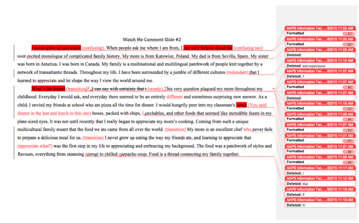 A screenshot of a document showcasing a peer review session, that is focused on editing and thus is overwhelming. 
