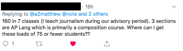 A Twitter screenshot showing a user's response discussing their teaching load of 160 students across 7 classes, including journalism and AP Language courses.
