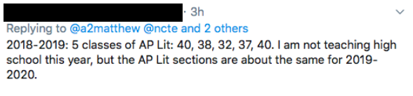 Screenshot of a Twitter reply discussing class sizes for Advanced Placement Literature for the 2018-2019 academic year, listing student counts for five classes.