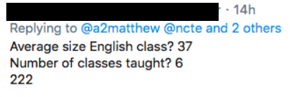 A Twitter reply showing a user's average English class size as 37, number of classes taught as 6, resulting in a total of 222 students.