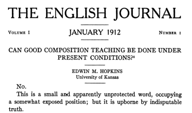 Cover of 'The English Journal' from January 1912, featuring the title and author's name, discussing the challenges of teaching composition.