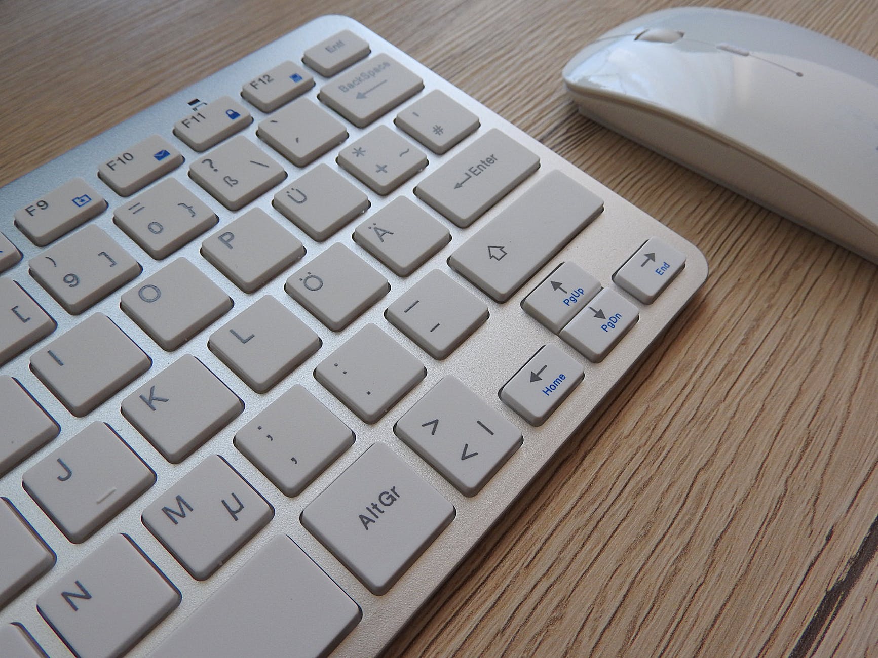 Close-up of a silver computer keyboard and white mouse on a wooden surface.