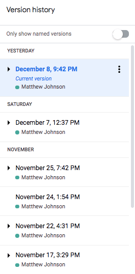 Screenshot of the version history feature in a word processing program showing dates and times of document updates.