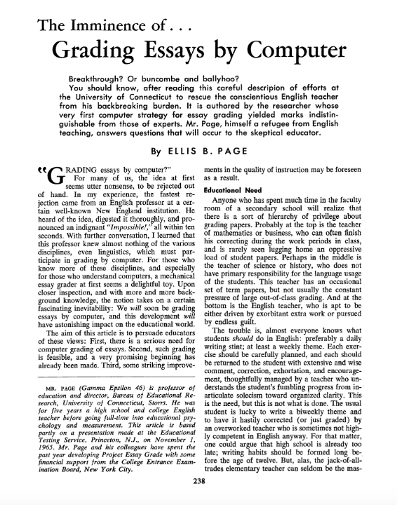 An article titled 'The Imminence of Grading Essays by Computer' by Ellis Page, discussing the future of computerized grading in education.