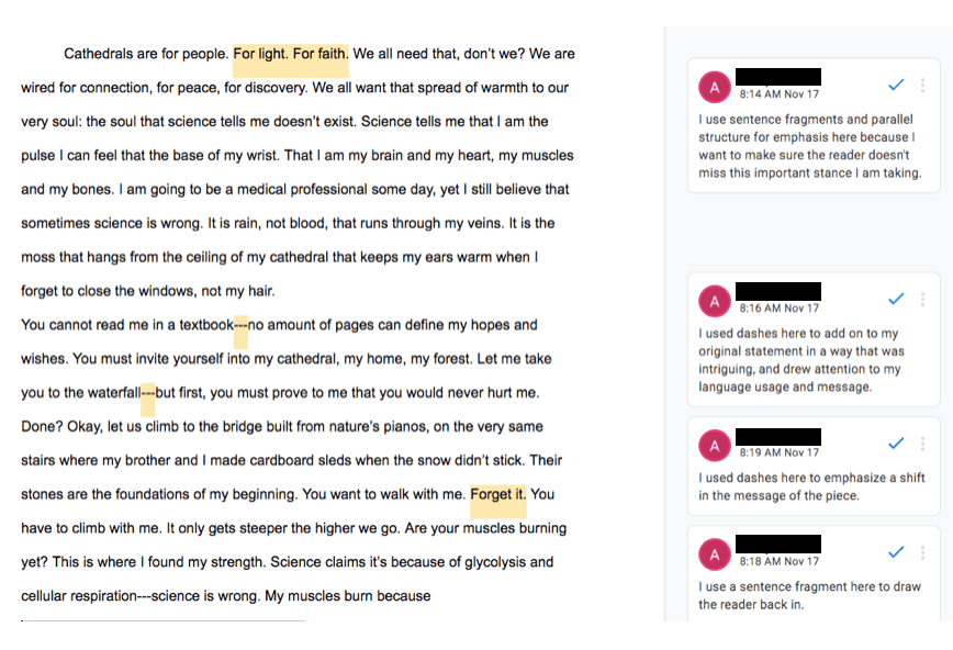 A student writing piece titled 'Cathedrals are for people' with marked annotations explaining writing techniques and choices, displayed in a Google Docs format.
