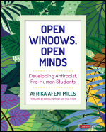 Cover of the book 'Open Windows, Open Minds' by Afrika Afeni Mills, featuring vibrant green foliage and colorful patterns, with the title and author's name prominently displayed.