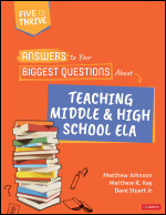 Book cover of 'Answers to Your Biggest Questions About Teaching Middle and High School ELA' featuring a stack of books and question marks on an orange background.