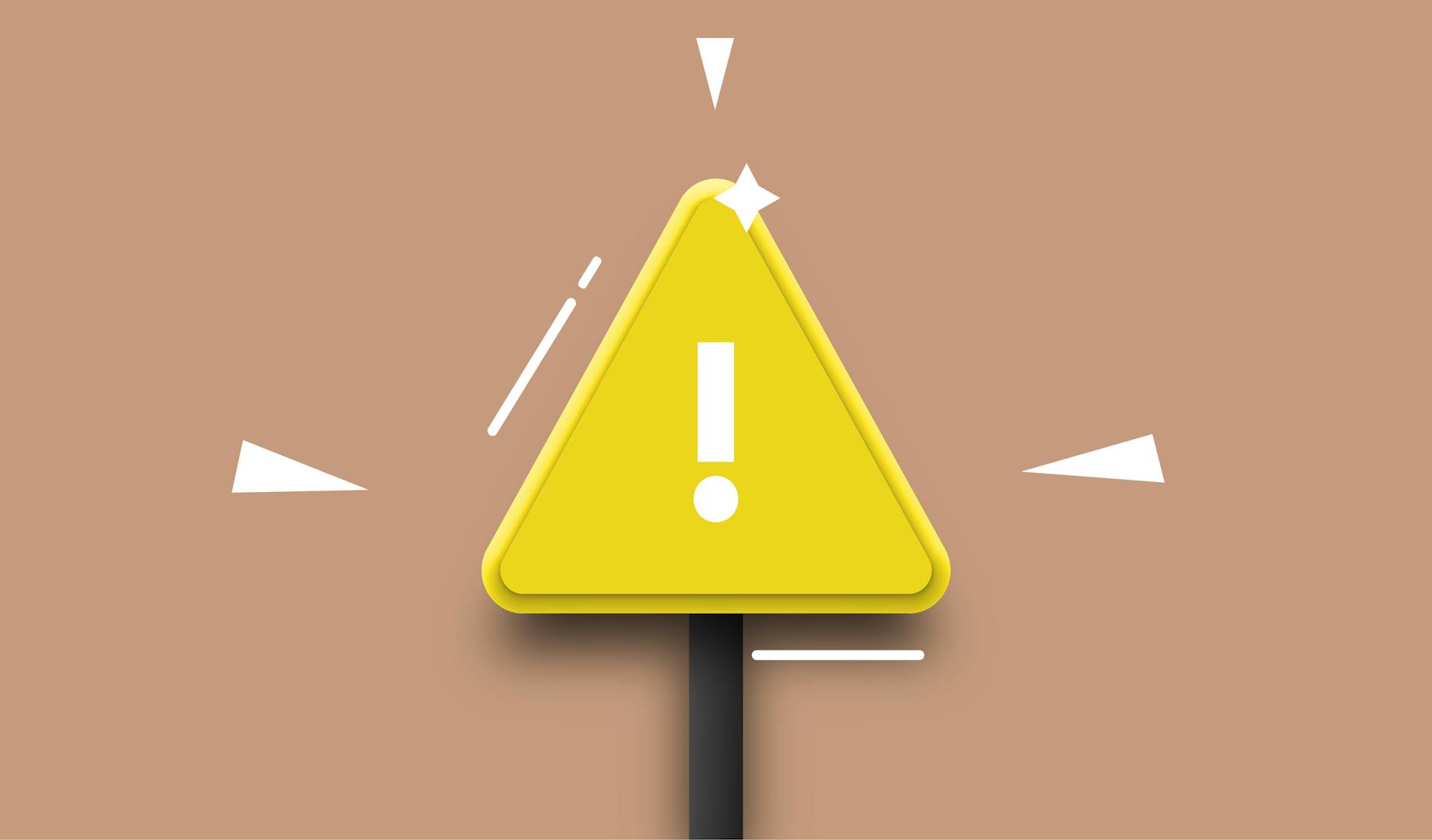 A yellow triangular caution sign with an exclamation mark, set against a light brown background, accompanied by graphic elements.