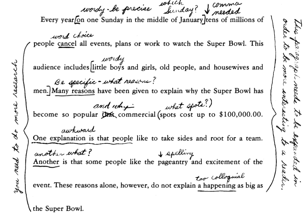 Page of handwritten notes on a student paper that demonstrate the Unwritten Canon. They are short and terse, including suggestions like "wordy-be precise," "awkward," "too colloquial," "be specific-what reasons," and "you need to do more research." 