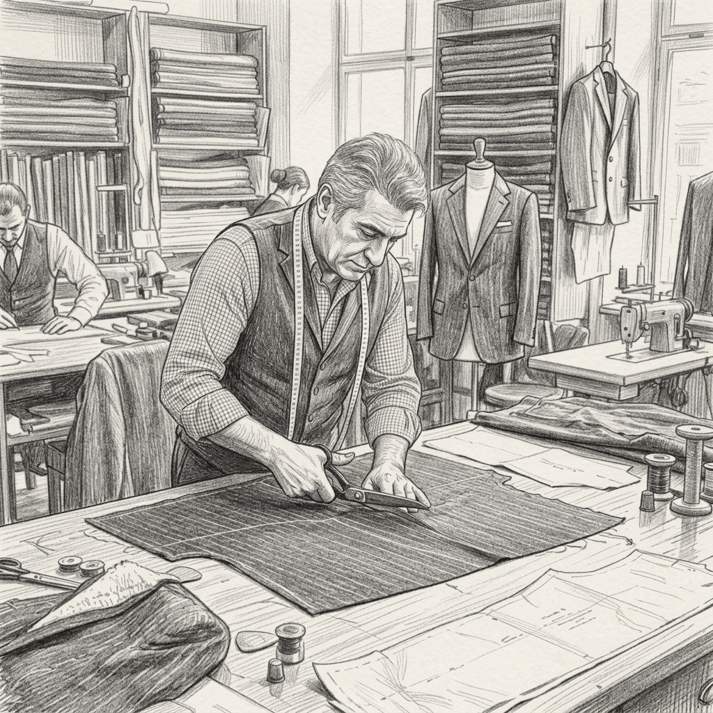 Tailor cutting dark pinstriped fabric on wooden table in a tailoring workshop