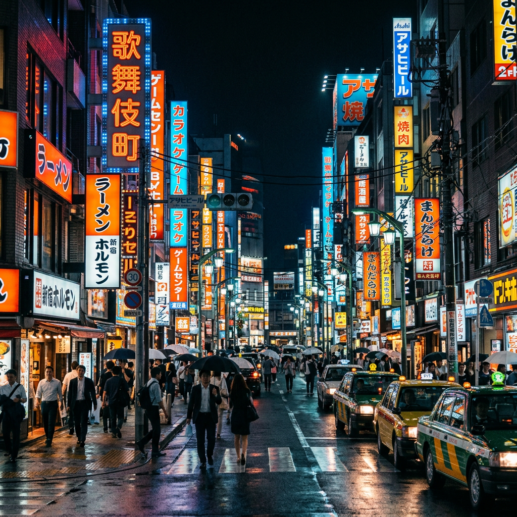 Busy Kabukicho street in Tokyo at night with neon signs, pedestrians holding umbrellas, and taxis.